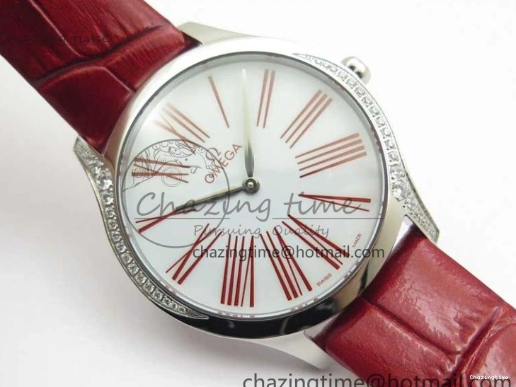 0402 Ladies’ De Ville Trésor Diamond SS 3AF 1:1 Best Edition White Dial On Red Leather Strap Swiss Quartz Snug 7885